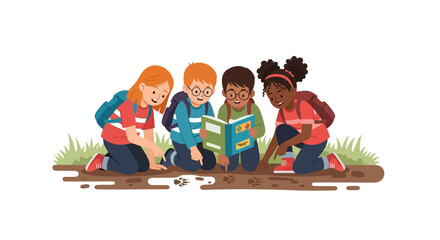 Four diverse children on a nature walk, studying insects together.