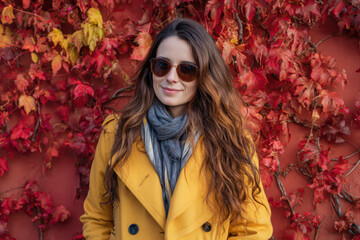 A young woman smiles, wearing a yellow coat and sunglasses, surrounded by bright red leaves during a sunny autumn afternoon