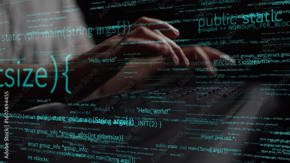 Poster a close-up view of hands typing on a laptop, layered with flowing code and digital data, capturing t