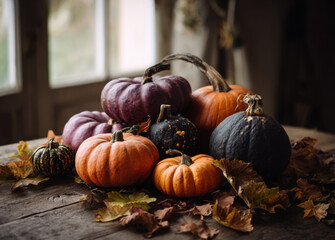 Various pumpkins in shades of purple, black, and orange surrounded by dry autumn leaves on a rustic wooden table near a window
