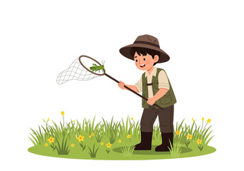 A smiling boy joyfully catches a grasshopper with a net in a grassy field.