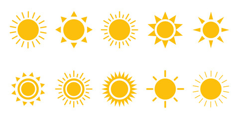 Set of sun icons including sunshine and sunset, displayed on a white background.