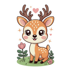 Cartoon deer with flower, Cute deer illustration for children's book, vector image