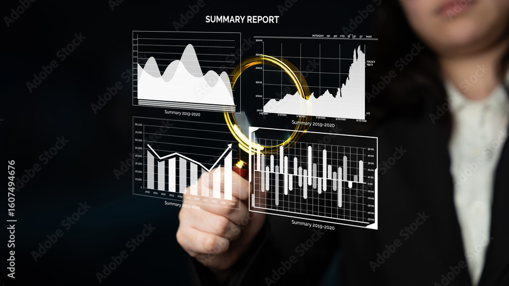Aufkleber a business professional engages with digital graphs and charts representing a summary report, illust