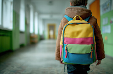 A child with a vibrant backpack walks through a school corridor, filled with anticipation for the day ahead