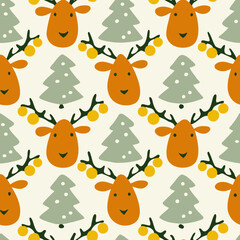 Fototapeta premium Cute Reindeer Faces And Christmas Trees A Fun And Festive Seamless Pattern Design