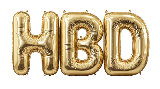 Glossy metallic balloon letters spelling "HBD" with highlights and shadows, isolated with transparent background 