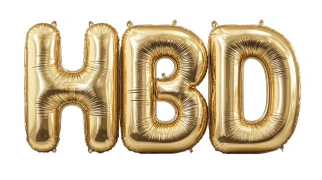 Glossy metallic balloon letters spelling "HBD" with highlights and shadows, isolated with transparent background - Powered by Adobe