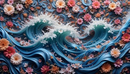 Fototapeta premium Floral Ocean Waves: Artistic Fusion of Nature's Beauty