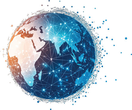 Glowing digital planet with interconnected nodes and continents globe earth