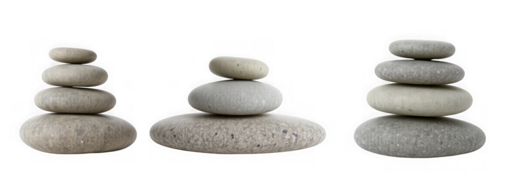 Three balanced stacks of smooth gray stones isolated on a transparent background