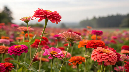 A vibrant field of colorful zinnias blooms under the soft daylight