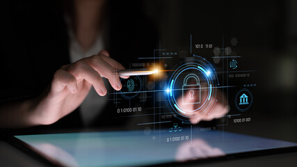 Cybersecurity system interface with biometric lock and data protection. Cybersecurity protects...