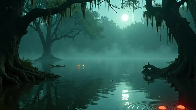 Mysterious glowing eyes emerge from misty swamp waters under a full moon creating an eerie atmosphere.