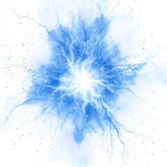 A bright blue and white abstract explosion of energy with lightning bolts and sparks isolated on transparent background