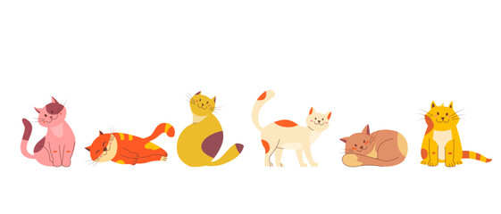 Cats in a row cute set. Funny Pet animals characters in different poses, sitting, lying and sleeping. Flat color design