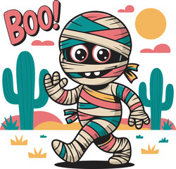 Cartoon Mummy Character Walking in Desert Landscape Scene