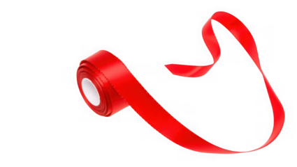 A roll of red satin ribbon unfurling, isolated on a transparent background