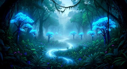 rainforest with bioluminescent trees and glowing fog, magical jungle vibe