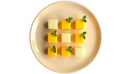 A plate of small, square desserts, some yellow and some cream, garnished with fresh mint leaves isolated on transparent background