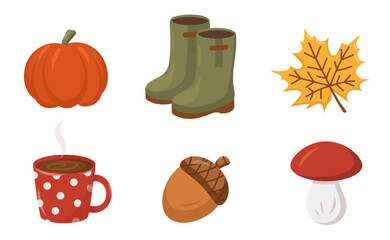 Autumn illustration with pumpkin, hot drink in cup, rubber boots, acorn, mushroom and autumn leaves. Cartoon vector illustration