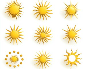 Fifteen stylized yellow sun icons with varying ray shapes on a white background