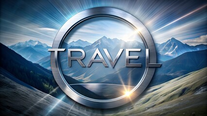 Text TRAVEL logo metallic futuristic neon mountains concept nature background agency hotel trip design banner travel service tour marketing cruise template art booking holiday vacation resort company