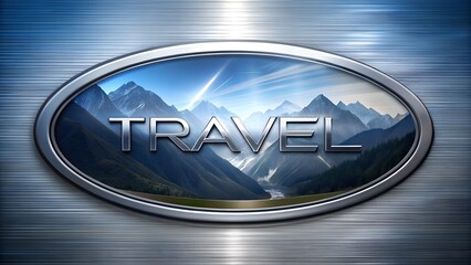 Text TRAVEL logo metallic futuristic neon mountains holiday company design booking resort tour banner vacation travel background cruise art tickets template marketing concept nature agency trip hotel 