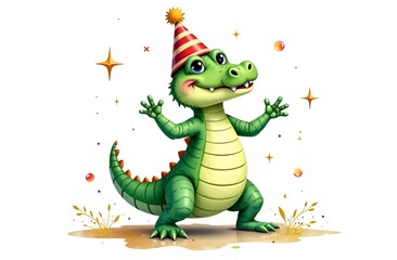 A happy crocodile with a yellow belly is dancing merrily in a festive hat. The background is white with yellow stars around