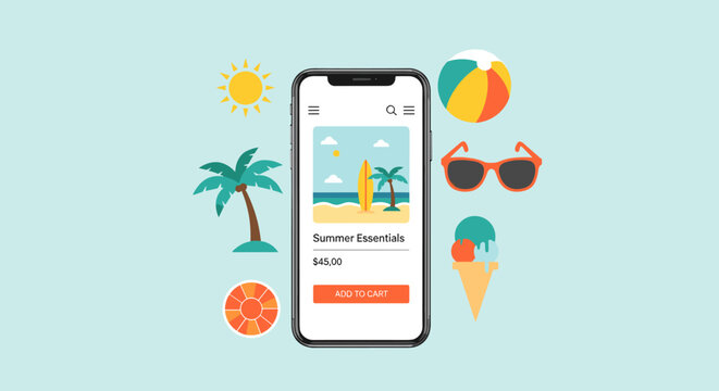 Summer Courses App Concept on Smartphone with Beach Elements and Vacation Theme Illustration