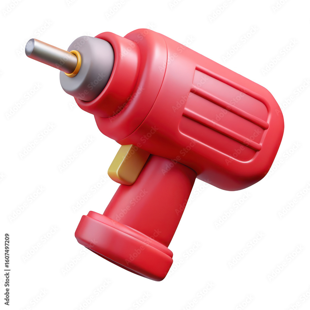 Poster a bright red cordless power drill with a yellow trigger and silver chuck isolated on transparent bac