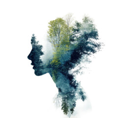 Woman's face is shown in a painting of trees
