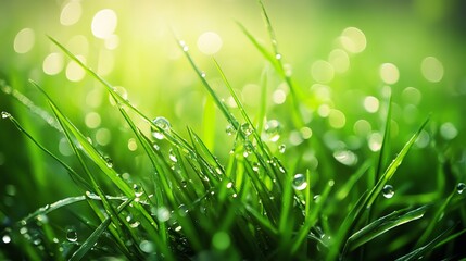 Fototapeta premium Fresh green grass with water droplets and bubbles