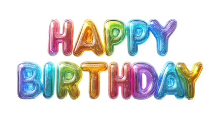 Happy Birthday" in 3D bubble letters with rainbow colors and shadows, transparent background 