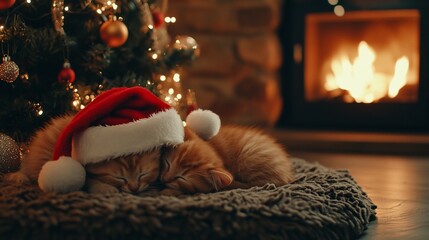 Ginger kittens sleeping under a decorated Christmas tree wearing Santa hats