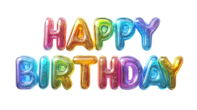 Happy Birthday" in 3D bubble letters with rainbow colors and shadows, transparent background 