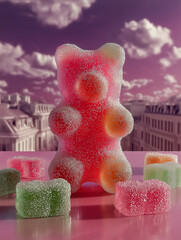 A large red gummy bear surrounded by sugar-coated candy cubes sits on a glossy pink surface. Playful candy concept in pastel setting with fantasy vibes.