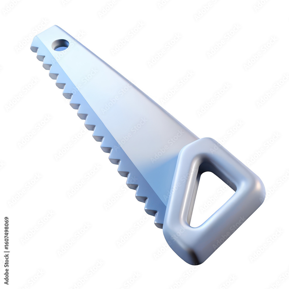 Poster a silver hand saw with a triangular handle and sharp teeth isolated on transparent background