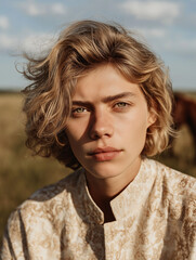 Portrait of a young model in a white embroidered wool jacket standing in a field. Soft light fashion editorial with natural textures and nostalgic tones.