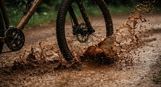 Mountain bike wheel splashing through a muddy puddle on a trail.