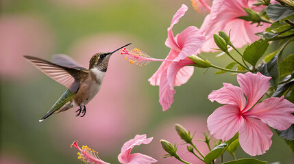 A hummingbird sips nectar from a vibrant pink hibiscus flower in a lush garden