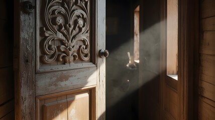 Dark room with opening doors, Rays of light entering a dark room through a half-open door, created with generative ai