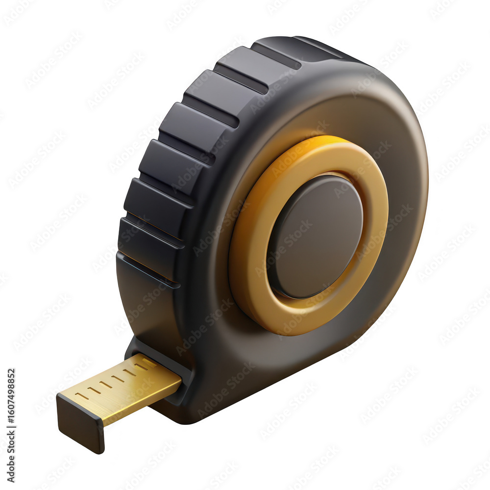 Poster a detailed rendering of a measuring tape tool with a black casing and golden accents isolated on tra