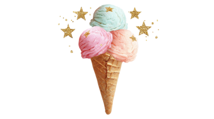 Ice cream cone with three scoops in pastel colors and glitter stars, birthday dessert, transparent background 