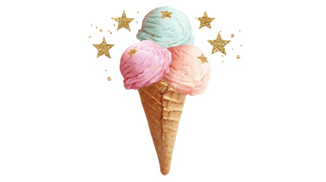 Ice cream cone with three scoops in pastel colors and glitter stars, birthday dessert, transparent background 