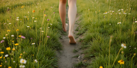 A person walks barefoot along a narrow path in a lush green field, with wildflowers blooming on either side. The warm light of the setting sun adds a peaceful ambiance
