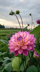 Vibrant pink dahlia flower blooming in a field at sunset with buds