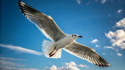Obraz premium A seagull soars gracefully through the expansive blue sky with fluffy clouds