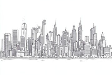 Line art of a city skyline with varying building heights and styles