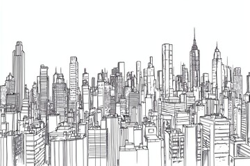 Line art of a city skyline with varying building heights and styles